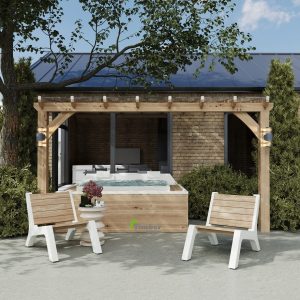 Solid oak lean-to hot tub cover kit installed beside a house, sheltering an outdoor spa