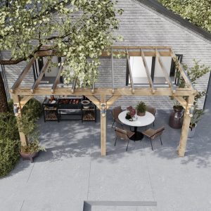 Oak lean-to car shelter with planed posts and sloped roof, attached to a brick house for year-round protection