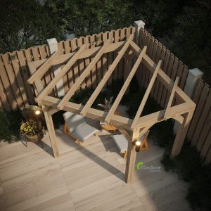 Corner oak pergola attached to house walls