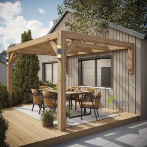 Modern oak lean-to pergola kit made to order, attached to a house with clean lines and no rafter overhang