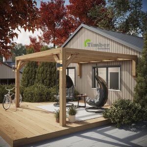 Solid oak lean-to pergola in a UK garden, weather-resistant timber structure built to last