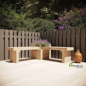 Oak corner garden bench with thick timber beams used as outdoor seating area