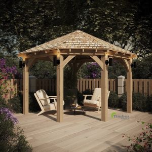 Bespoke oak corner gazebo structure installed in a residential garden.