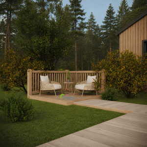Oak garden balustrade surrounding a raised outdoor seating deck