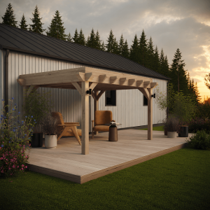 Exposed oak rafters and T&G boards beneath an EPDM roof on a gazebo