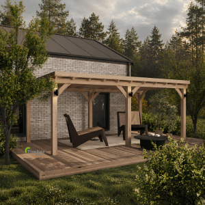 Oak pergola providing sun shading with a natural bamboo roof