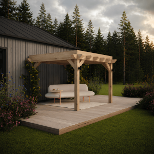 Bespoke oak gazebo with a low-pitch flat roof in a landscaped UK garden