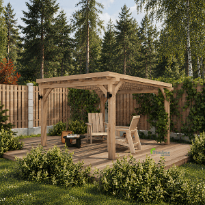 Bespoke oak pergola with a natural bamboo roof in a landscaped garden.